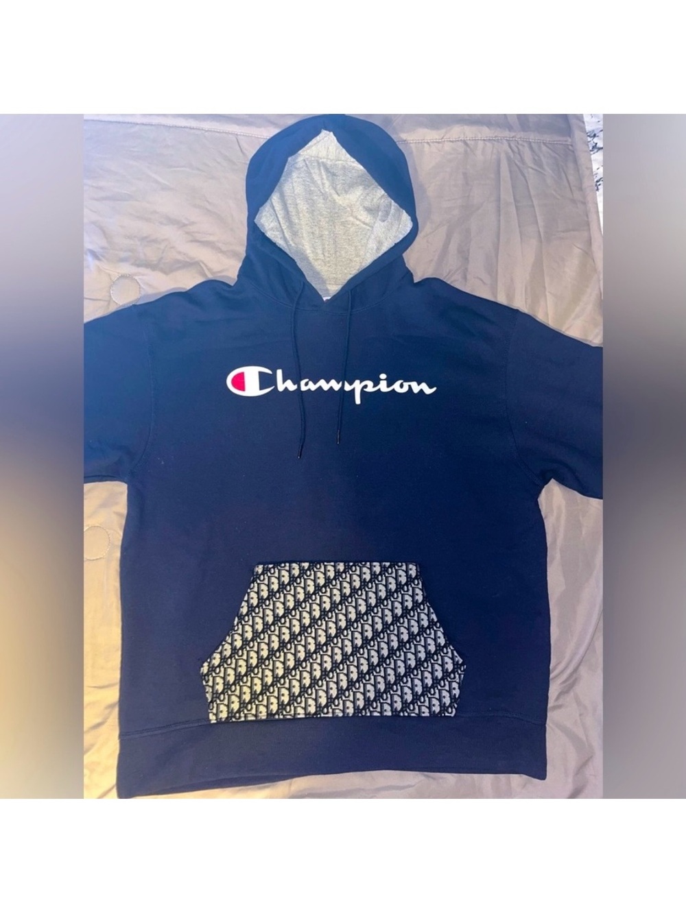 CUSTOM MADE Blue Champion Hoodie Sweatshirt With DIOR Fabric Front Pocket XL